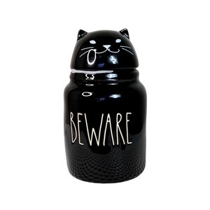 RAE DUNN •  "Beware" Black Cat • Canister Cookie Jar - Halloween Decor
